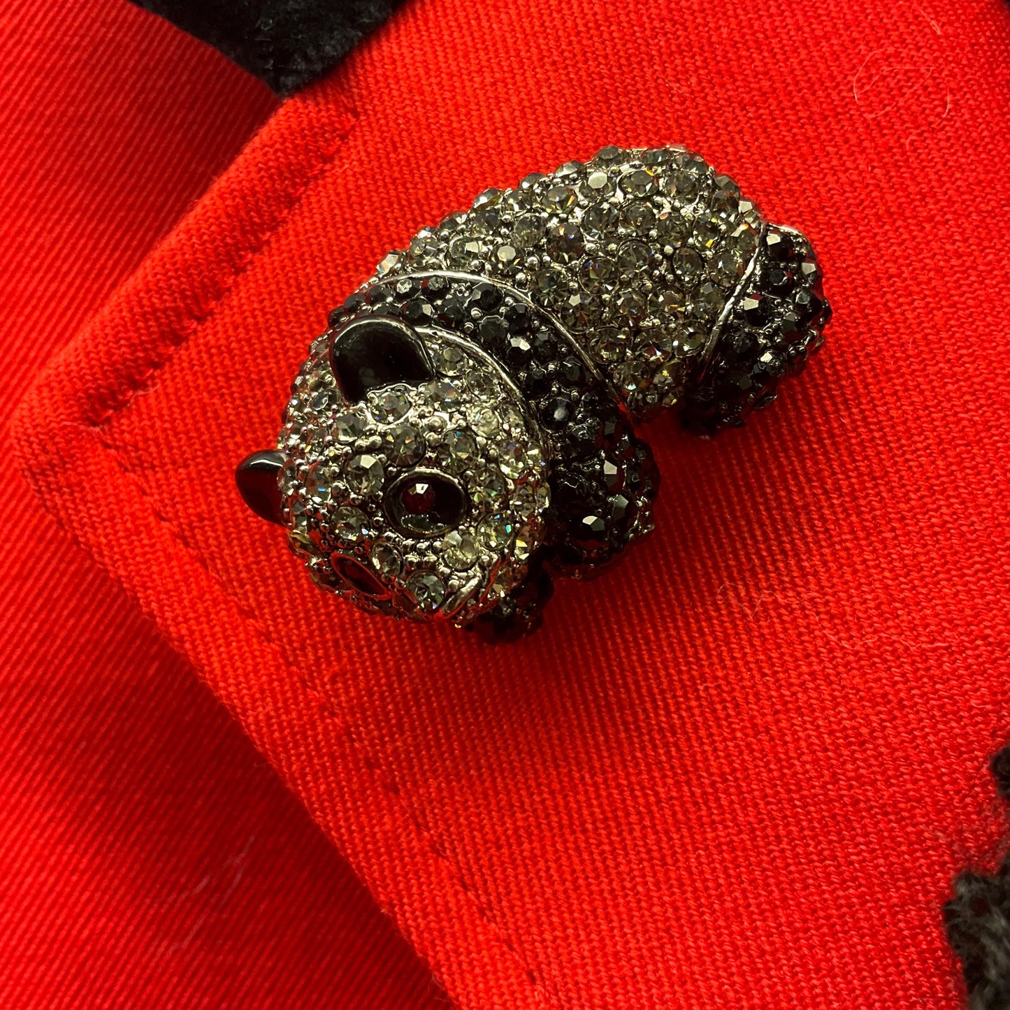 vintage Butler and Wilson Crystal panda Brooch, pewter tone with Black and pewter rhinestones, signed in original box.