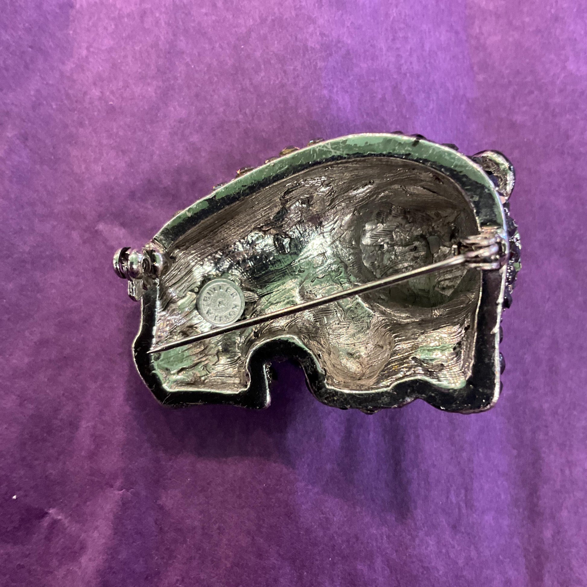 vintage Butler and Wilson Crystal panda Brooch, pewter tone with Black and pewter rhinestones, signed in original box.