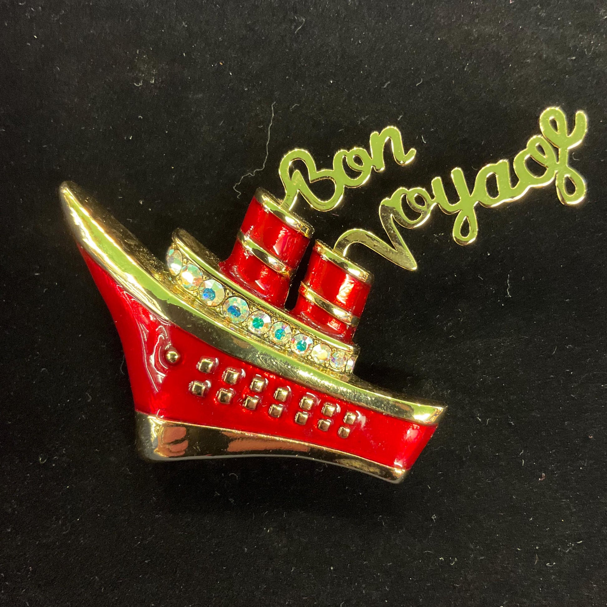 Vintage Butler and Wilson Art Deco Style ‘Bon Voyage’ large brooch, Gold tone metal with lustre enamel and Borealis crystals