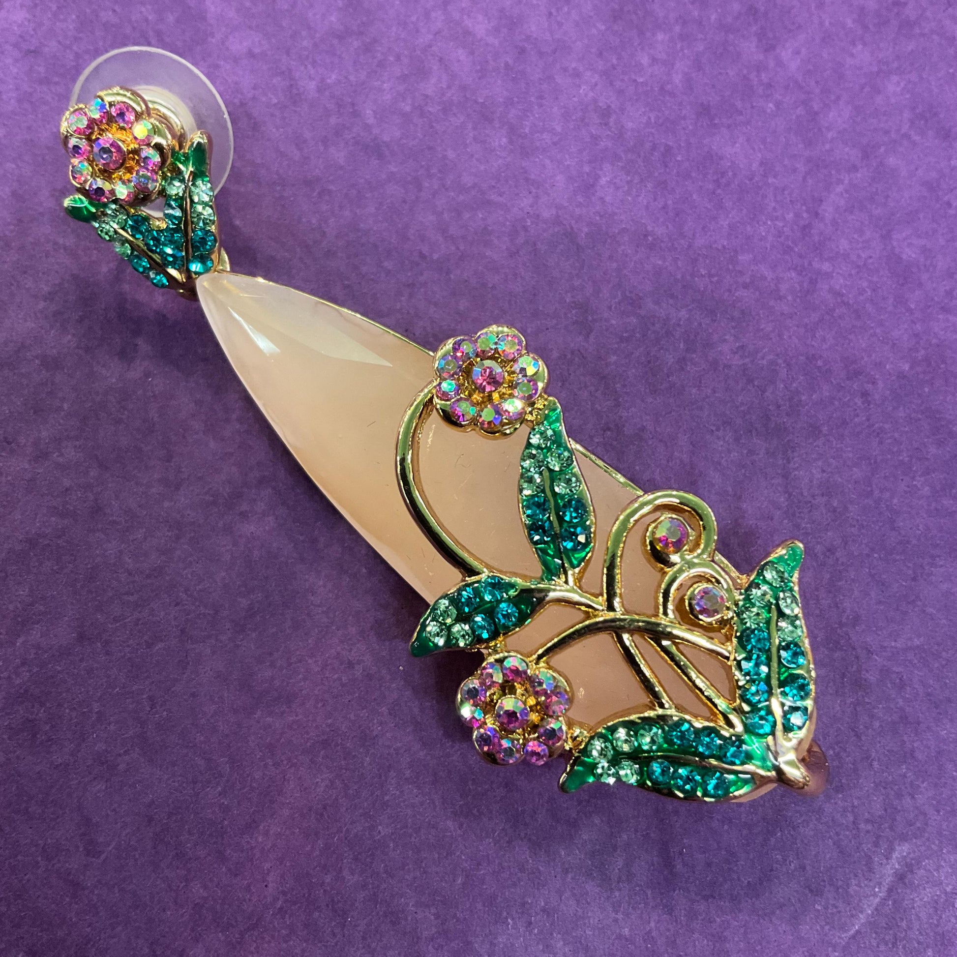 Vintage Butler and Wilson Statement Crystal Floral Drop Earrings, Gold Tone metal with large teardrop crystal and Borealis rhinestones