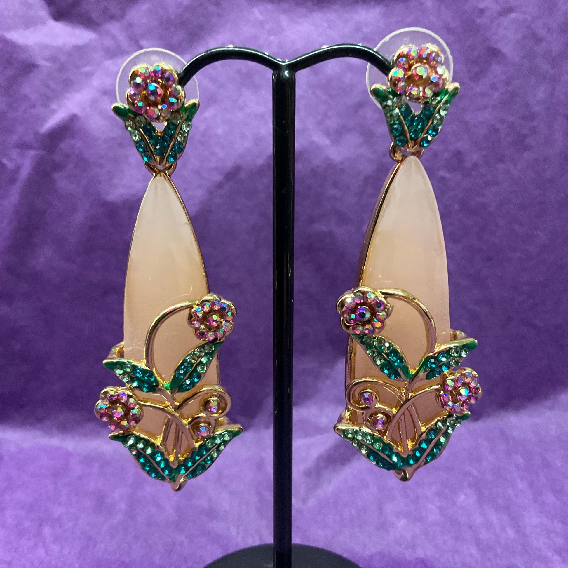Vintage Butler and Wilson Statement Crystal Floral Drop Earrings, Gold Tone metal with large teardrop crystal and Borealis rhinestones