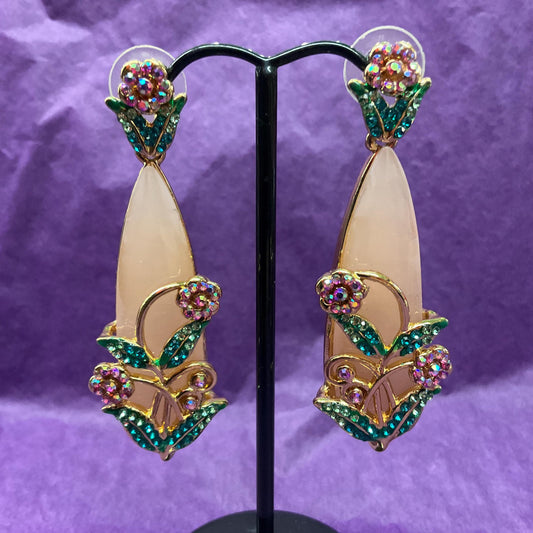 Vintage Butler and Wilson Statement Crystal Floral Drop Earrings, Gold Tone metal with large teardrop crystal and Borealis rhinestones