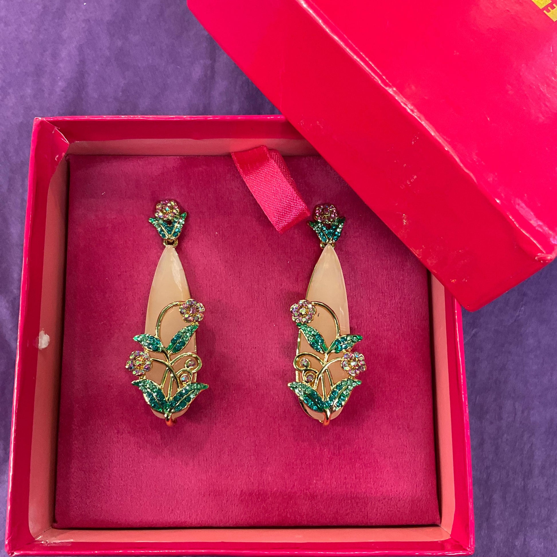 Vintage Butler and Wilson Statement Crystal Floral Drop Earrings, Gold Tone metal with large teardrop crystal and Borealis rhinestones