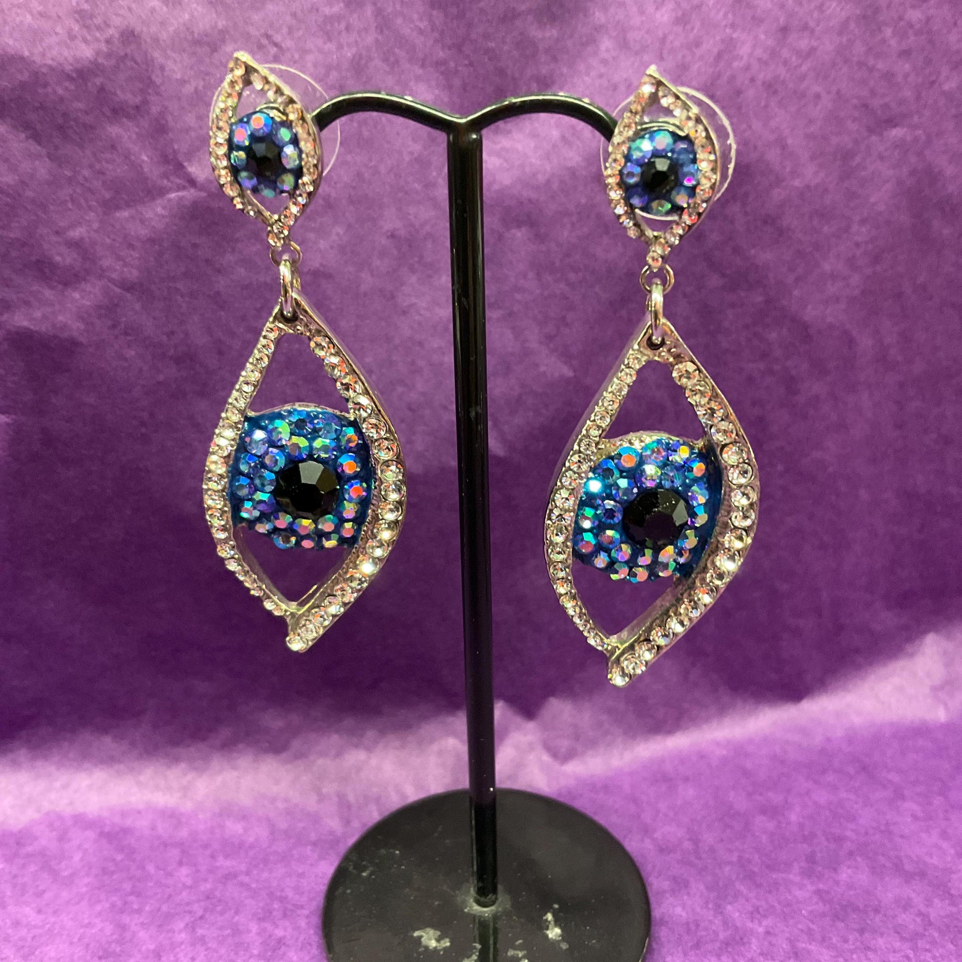 Vintage Butler and Wilson Statement Crystal Eye Long Drop Earrings , Silver tone metal with black and blue Borealis Rhinestones