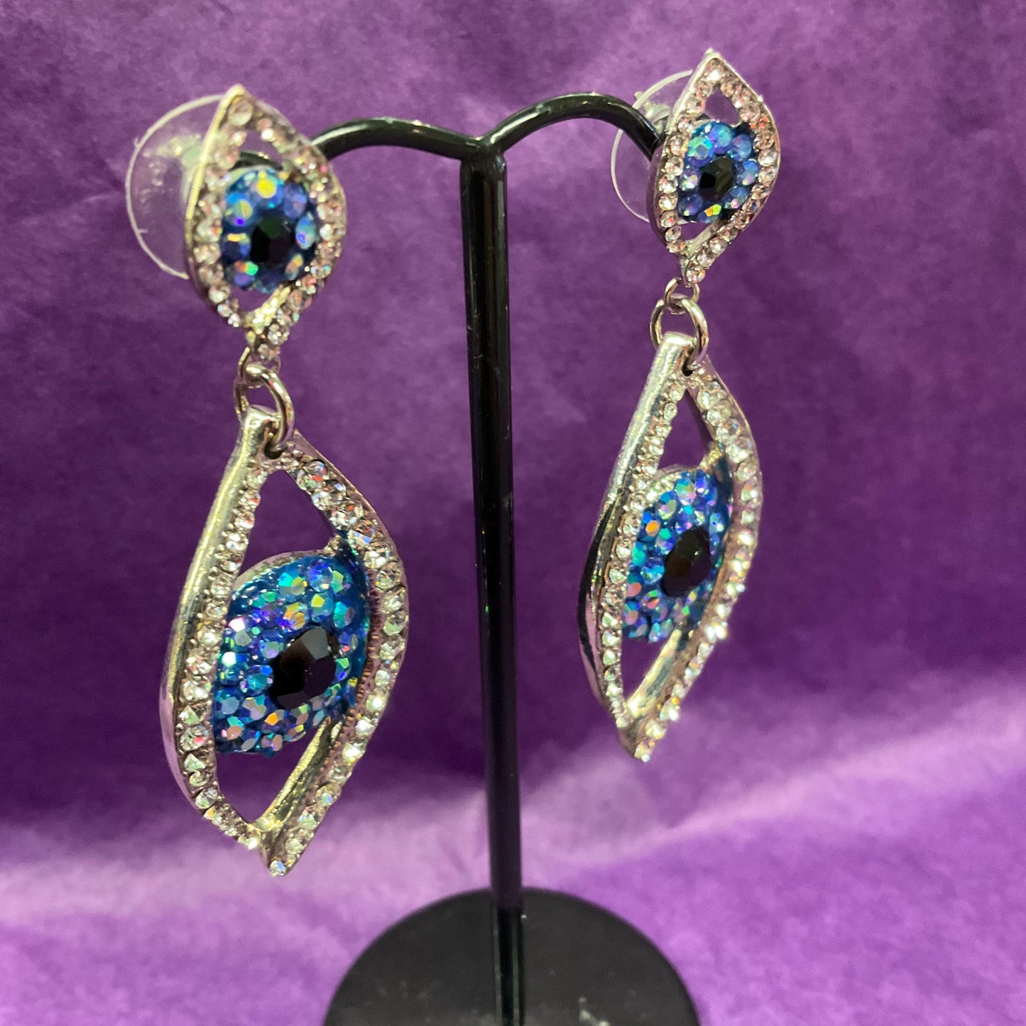 Vintage Butler and Wilson Statement Crystal Eye Long Drop Earrings , Silver tone metal with black and blue Borealis Rhinestones