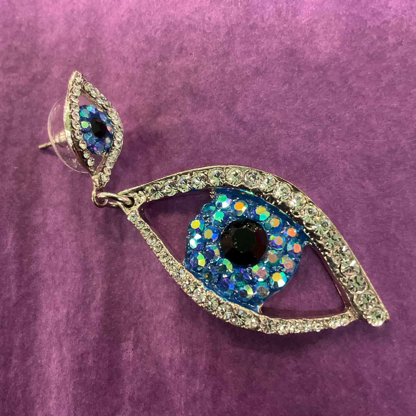 Vintage Butler and Wilson Statement Crystal Eye Long Drop Earrings , Silver tone metal with black and blue Borealis Rhinestones