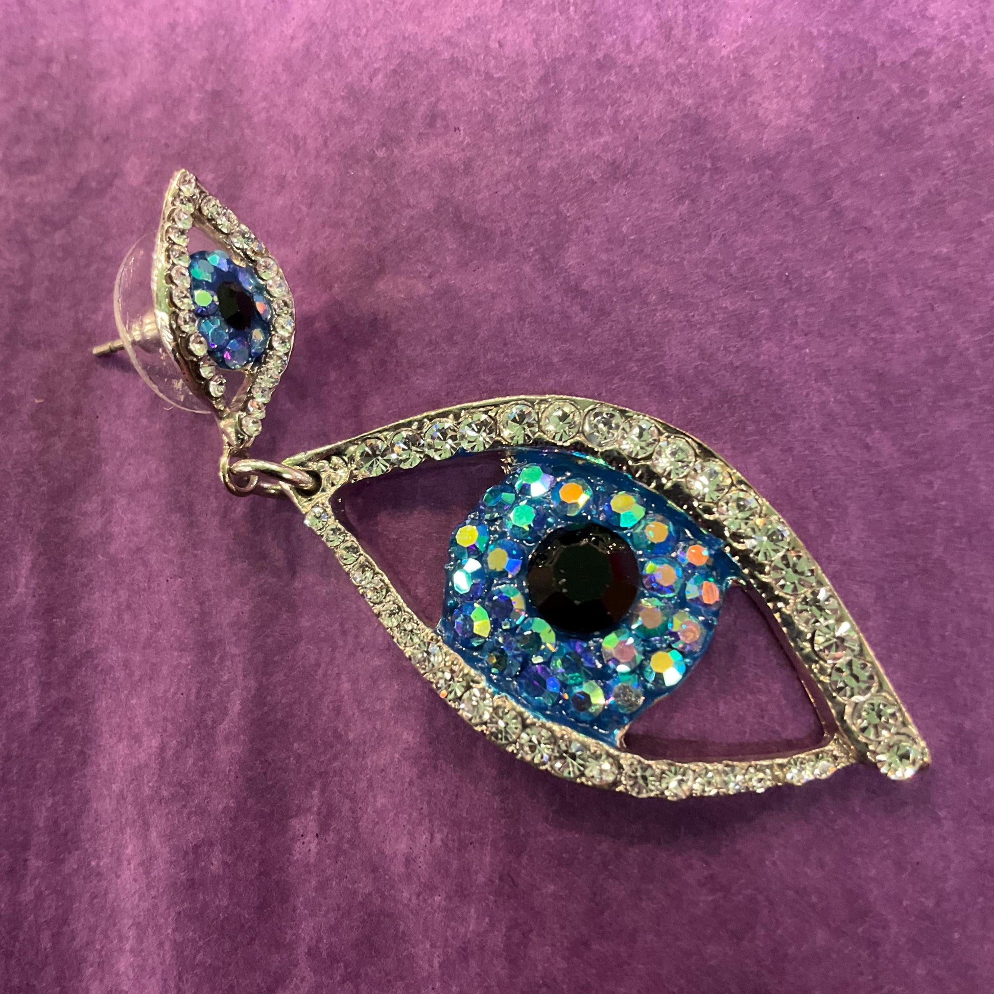 Vintage Butler and Wilson Statement Crystal Eye Long Drop Earrings , Silver tone metal with black and blue Borealis Rhinestones