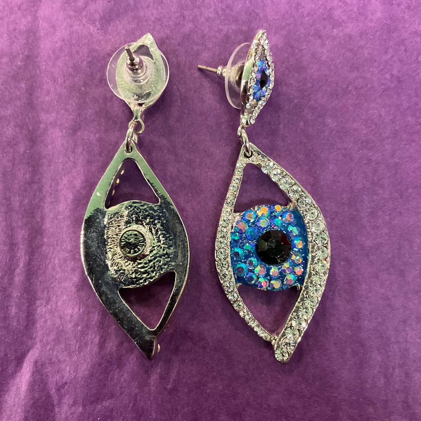 Vintage Butler and Wilson Statement Crystal Eye Long Drop Earrings , Silver tone metal with black and blue Borealis Rhinestones