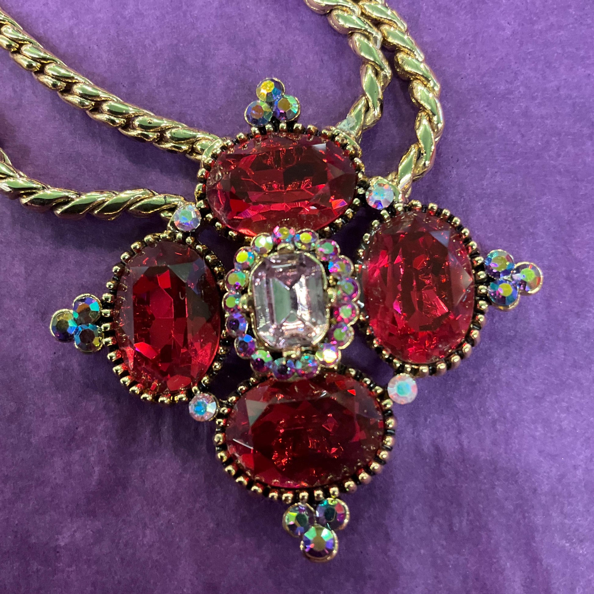 Vintage Butler and Wilson Statement Red Bejewelled Diamond Crystal Necklace, Gold tone metal with red and pink Borealis crystals