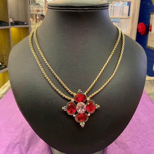 Vintage Butler and Wilson Statement Red Bejewelled Diamond Crystal Necklace, Gold tone metal with red and pink Borealis crystals