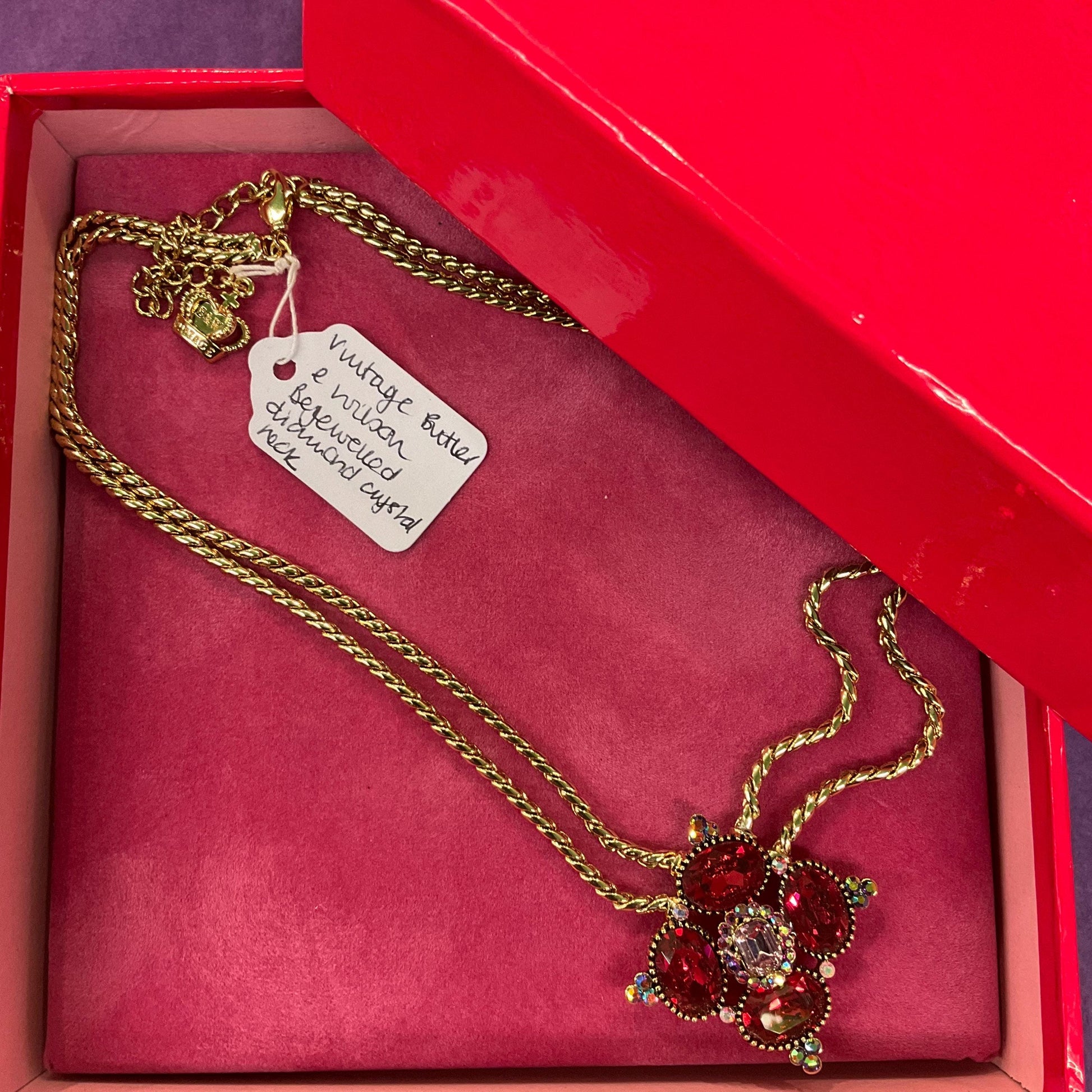 Vintage Butler and Wilson Statement Red Bejewelled Diamond Crystal Necklace, Gold tone metal with red and pink Borealis crystals