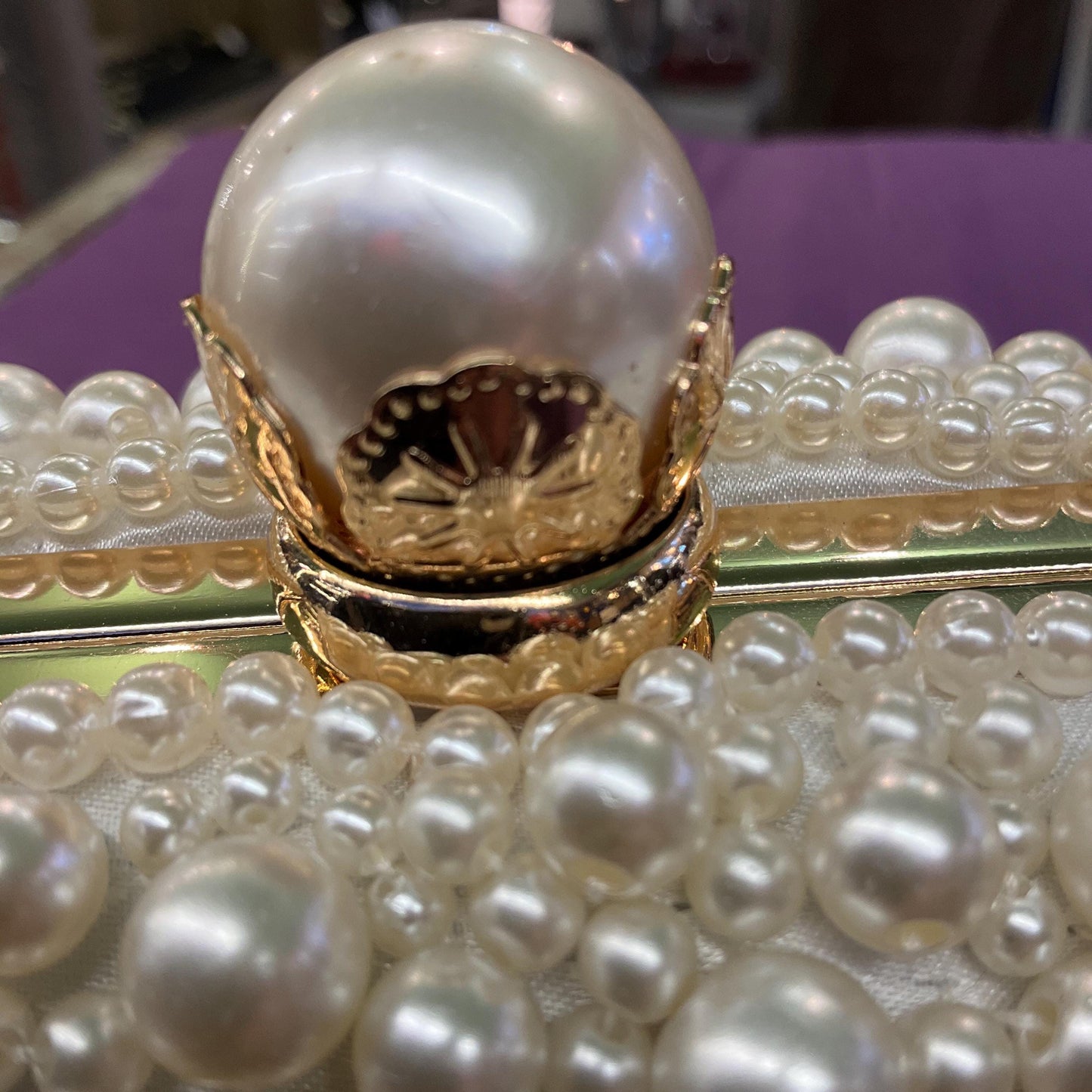 Vintage Ivory Faux Pearl Satin Evening Bag with boxy body and large faux Pearl and crystal clasp, clutch or Shoulder