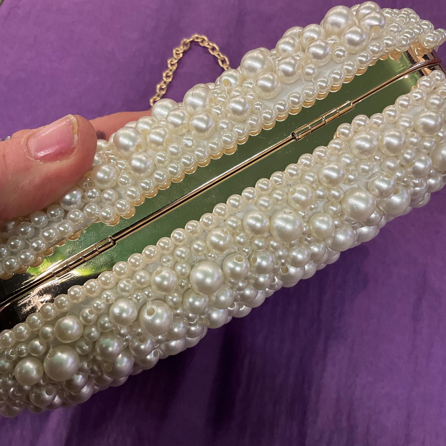 Vintage Ivory Faux Pearl Satin Evening Bag with boxy body and large faux Pearl and crystal clasp, clutch or Shoulder