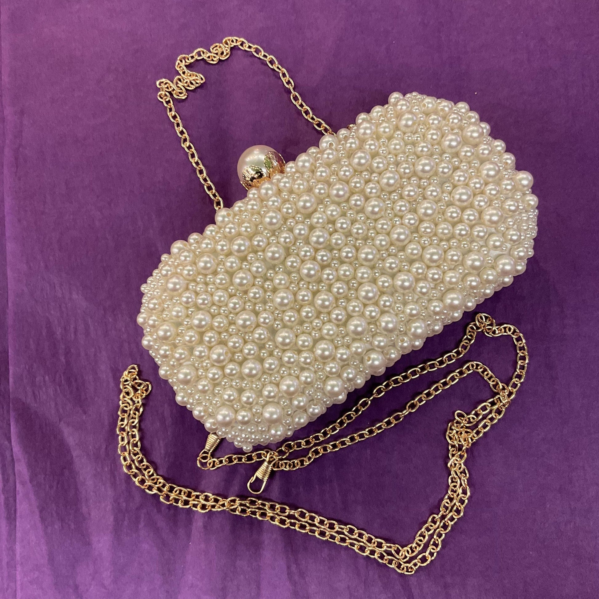 Vintage Ivory Faux Pearl Satin Evening Bag with boxy body and large faux Pearl and crystal clasp, clutch or Shoulder