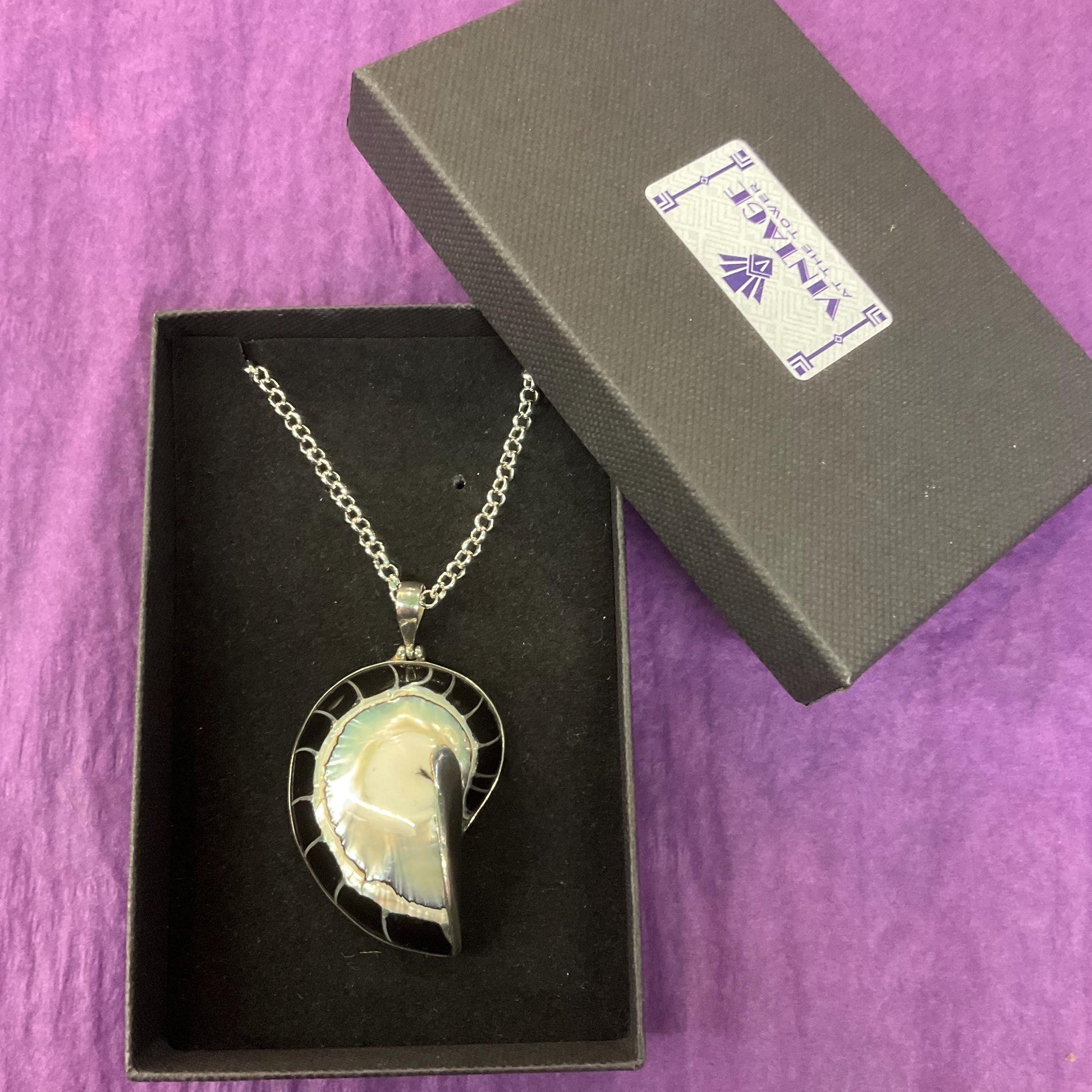 Vintage Large Silver and Shell Fossil Pendant, 925 silver with monochrome mother of pearl shell on a long silver plated chain