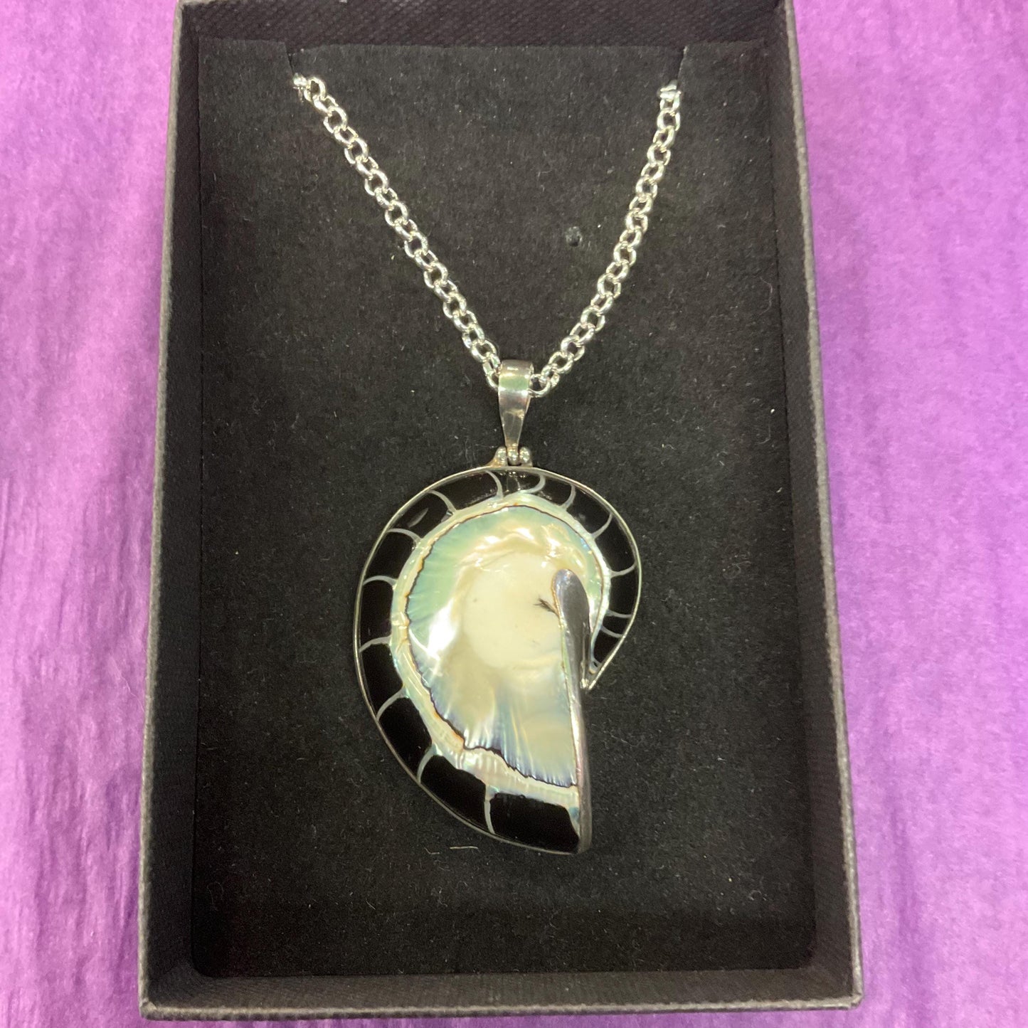 Vintage Large Silver and Shell Fossil Pendant, 925 silver with monochrome mother of pearl shell on a long silver plated chain