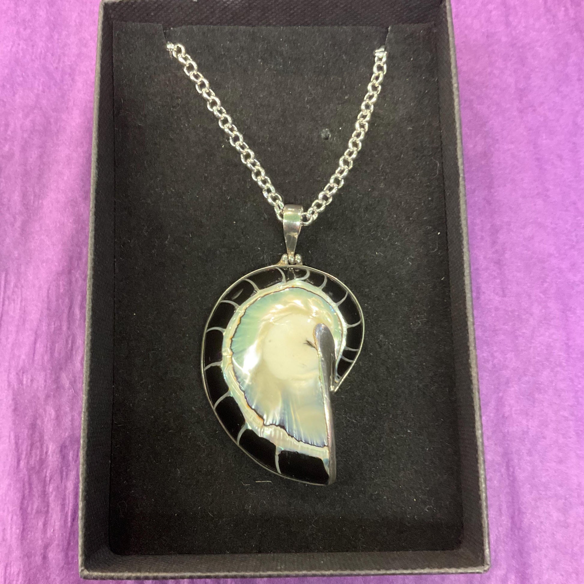 Vintage Large Silver and Shell Fossil Pendant, 925 silver with monochrome mother of pearl shell on a long silver plated chain