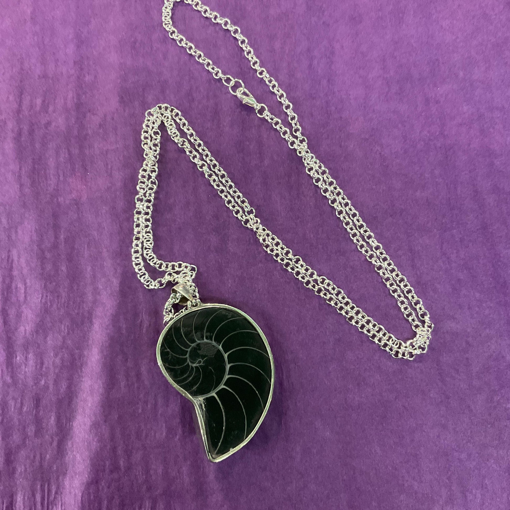 Vintage Large Silver and Shell Fossil Pendant, 925 silver with monochrome mother of pearl shell on a long silver plated chain