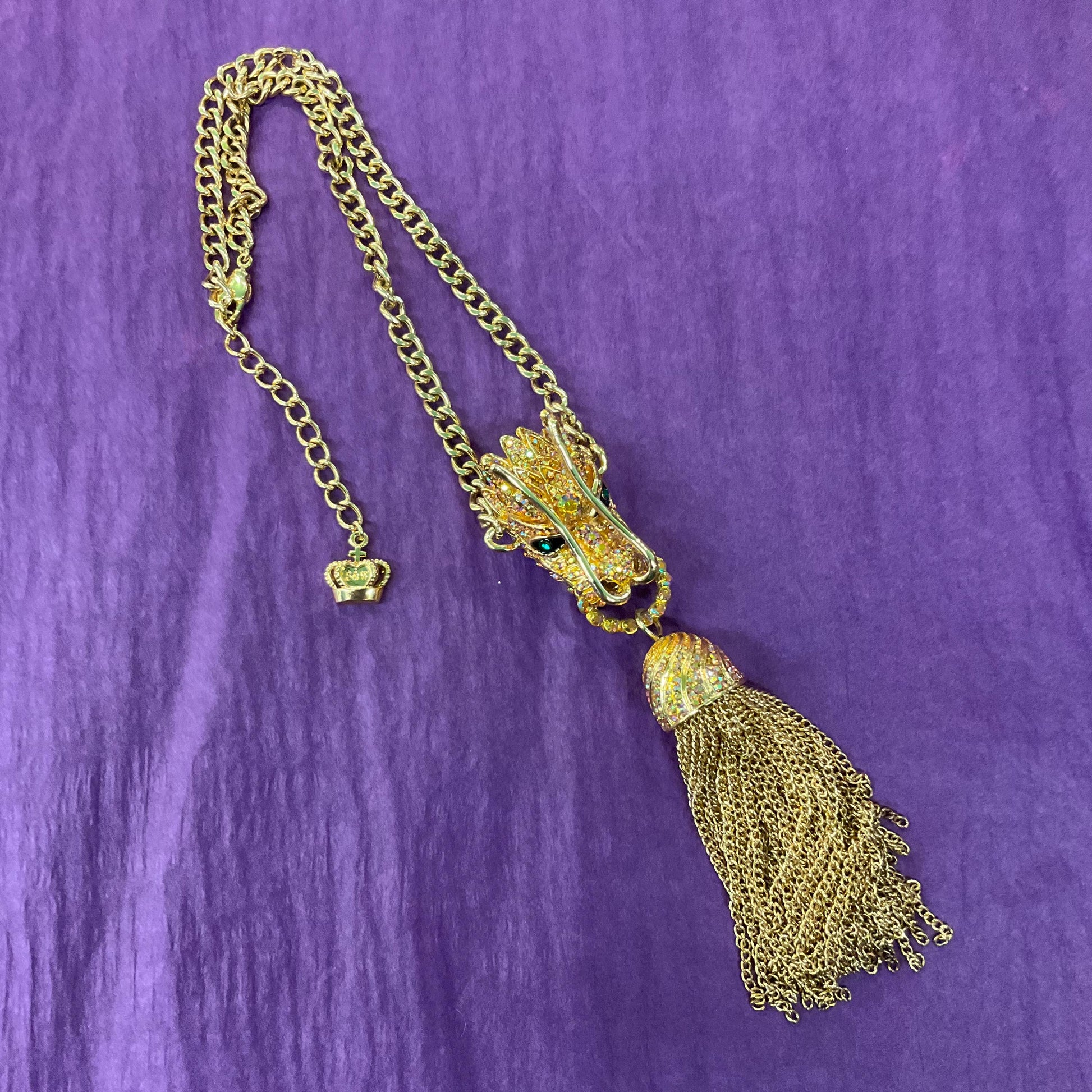 Vintage Butler and Wilson Golden Dragon Statement Tassled Crystal pendant, Gold Tone with Borealis Gold Rhinestones