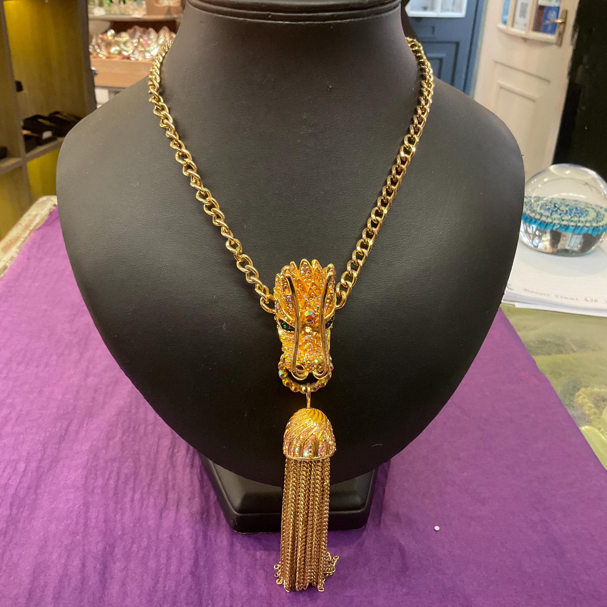 Vintage Butler and Wilson Golden Dragon Statement Tassled Crystal pendant, Gold Tone with Borealis Gold Rhinestones