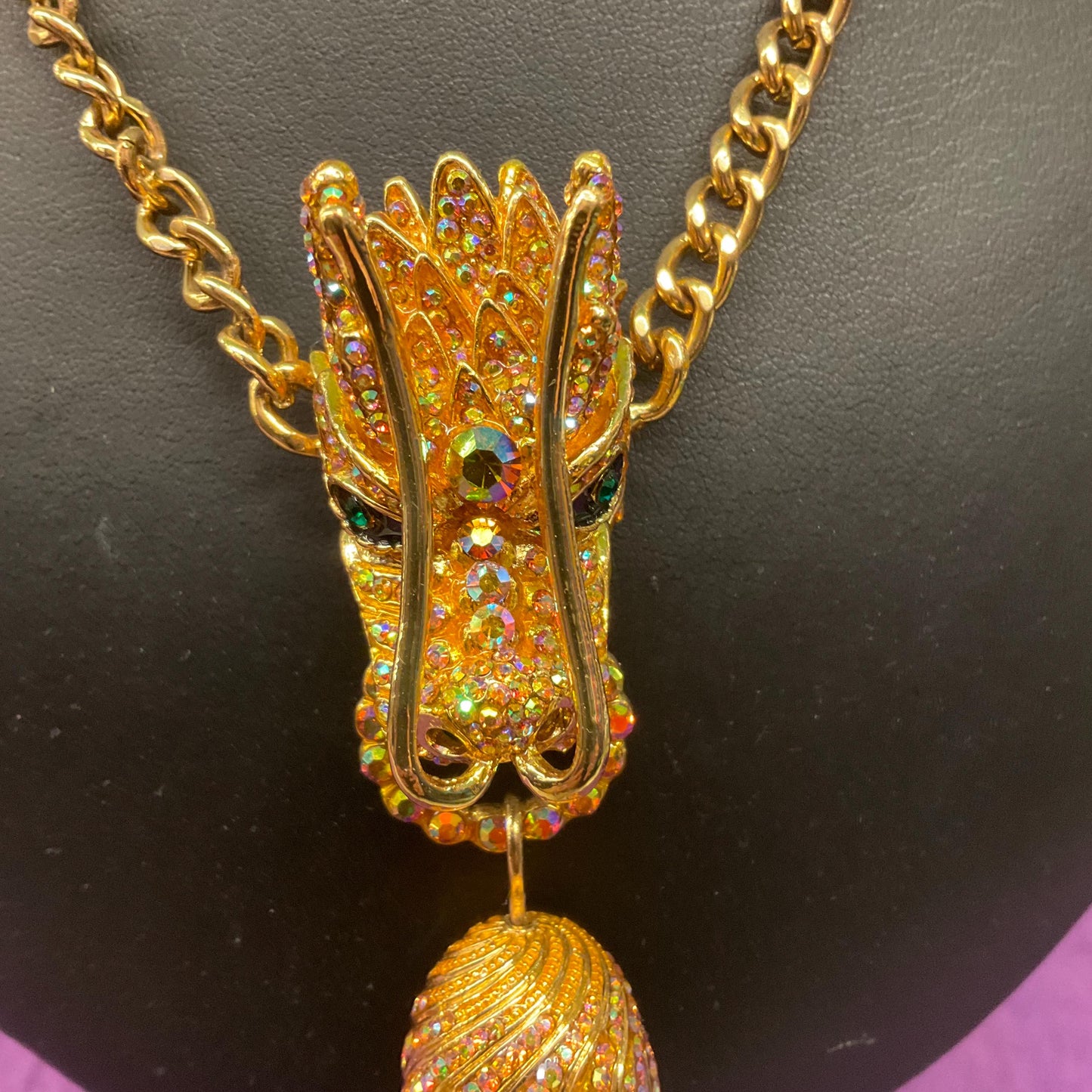 Vintage Butler and Wilson Golden Dragon Statement Tassled Crystal pendant, Gold Tone with Borealis Gold Rhinestones