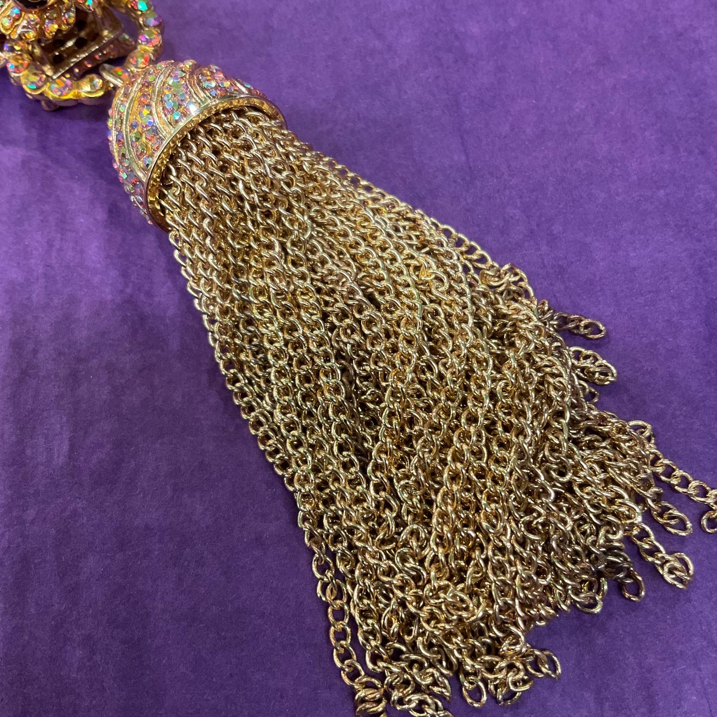 Vintage Butler and Wilson Golden Dragon Statement Tassled Crystal pendant, Gold Tone with Borealis Gold Rhinestones