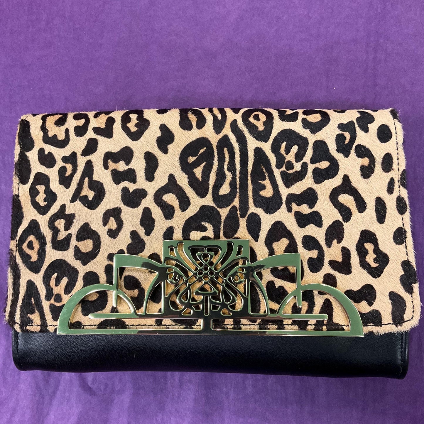 Vintage BIBA Leather leopard Print Large Clutch Bag , unused with original tags