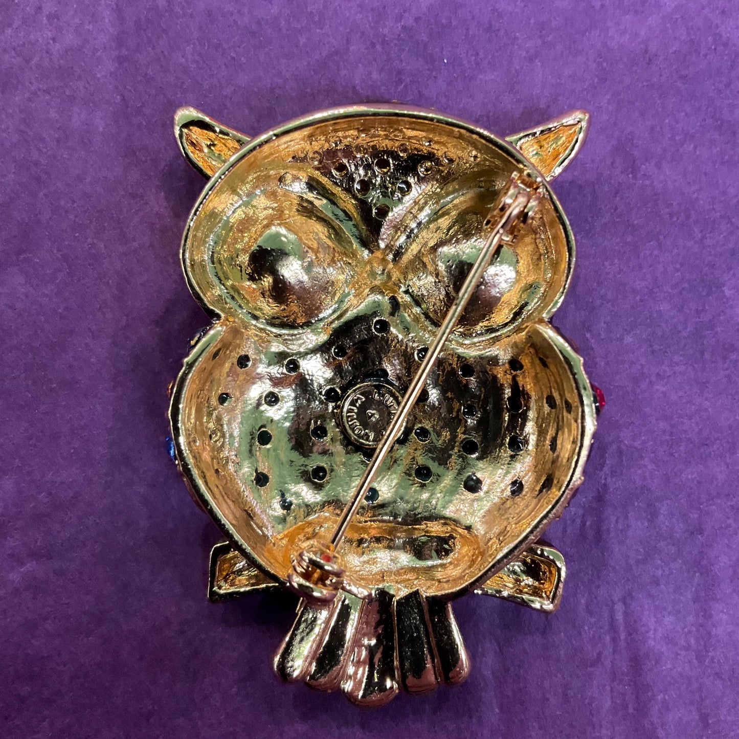 Vintage Butler and Wilson Crystal Owl Brooch , Gold tone with multicoloured Crystal, Signed in Original Box