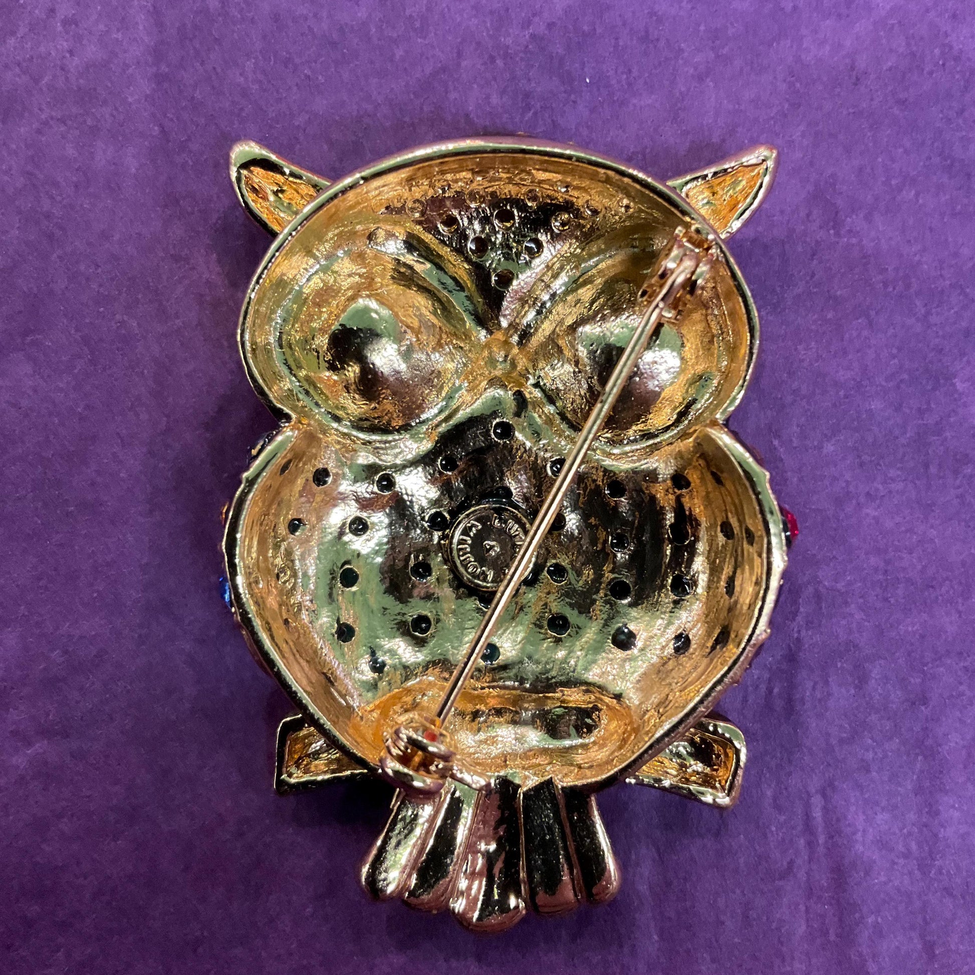 Vintage Butler and Wilson Crystal Owl Brooch , Gold tone with multicoloured Crystal, Signed in Original Box