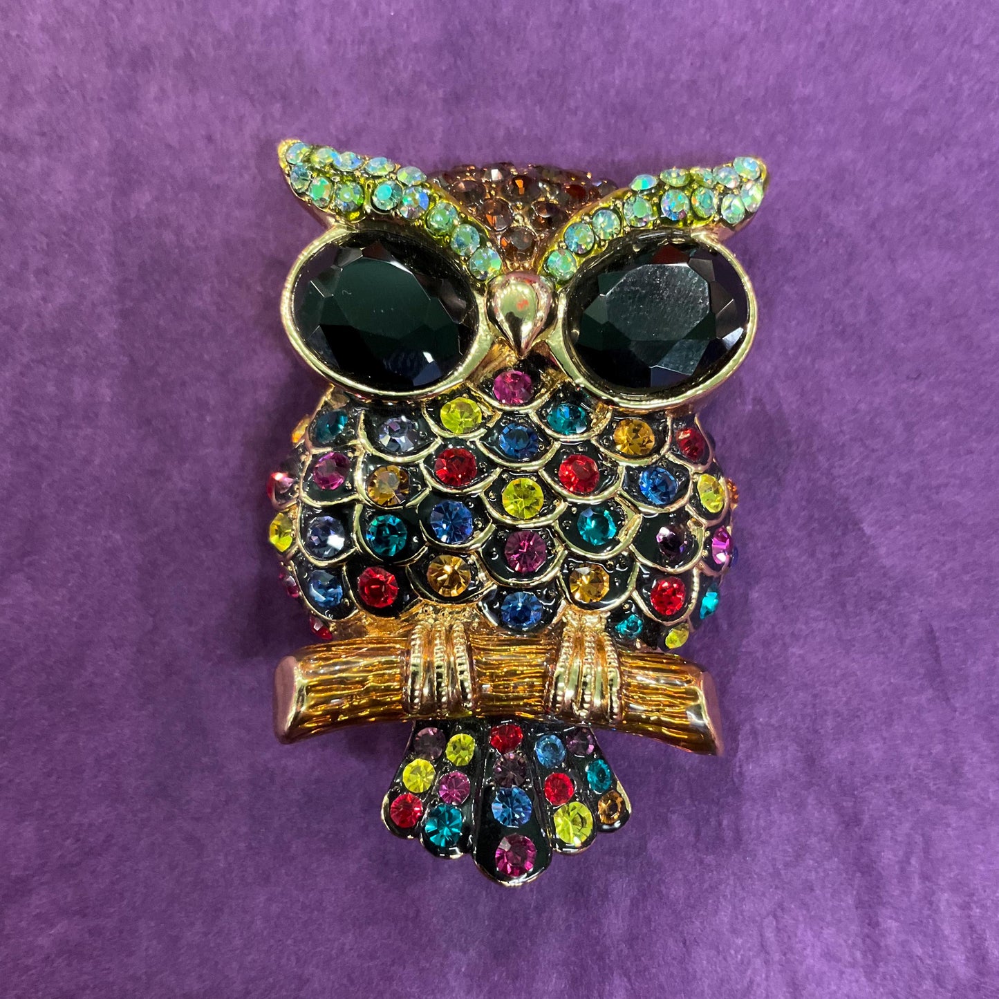 Vintage Butler and Wilson Crystal Owl Brooch , Gold tone with multicoloured Crystal, Signed in Original Box