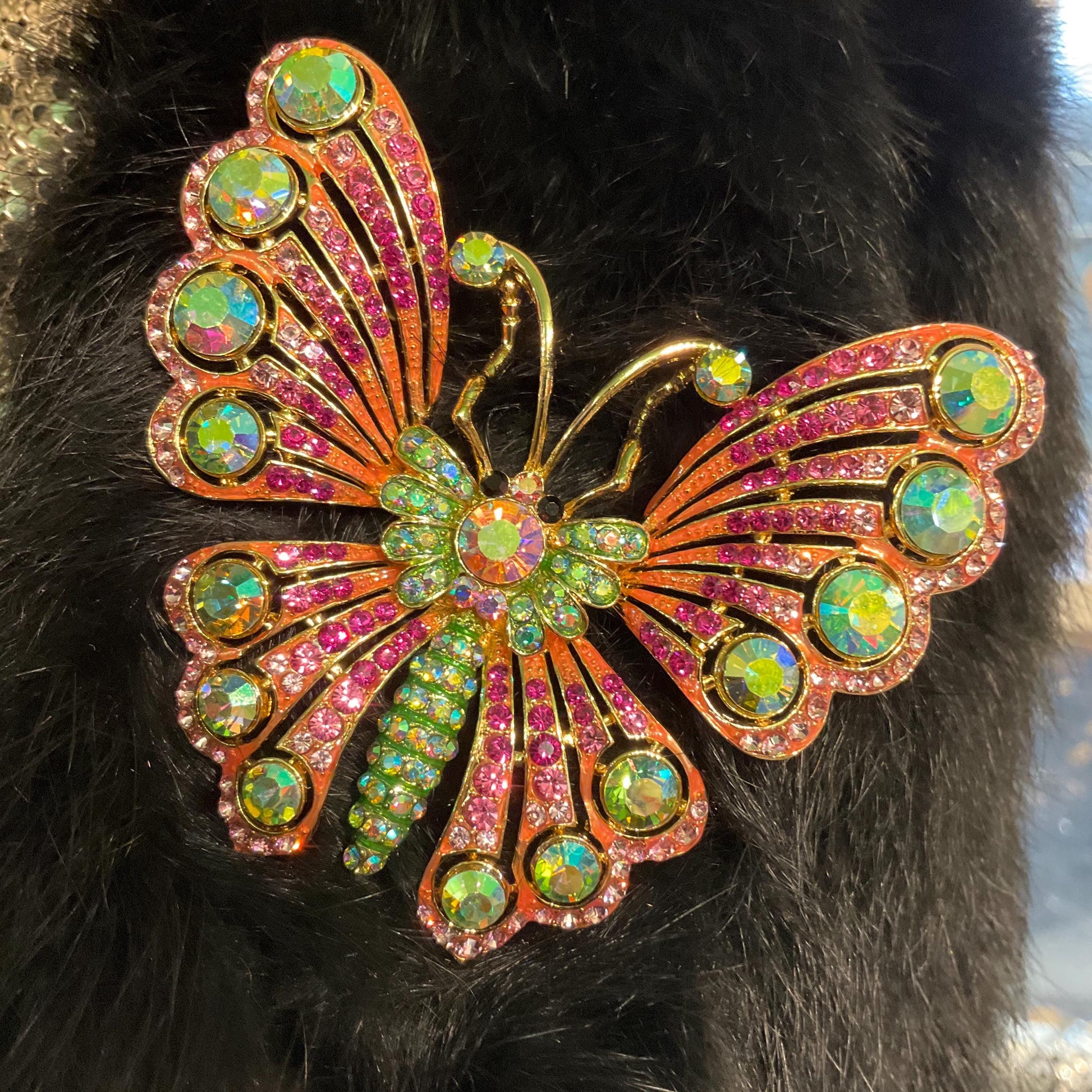 Vintage Butler and Wilson Large Crystal Butterfly Brooch, Gold Tone with Pink and Green Borealus Crystals , Signed in Original Box