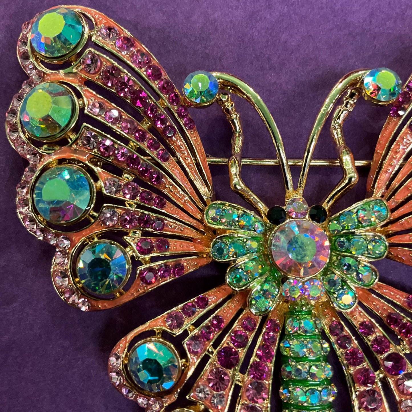 Vintage Butler and Wilson Large Crystal Butterfly Brooch, Gold Tone with Pink and Green Borealus Crystals , Signed in Original Box