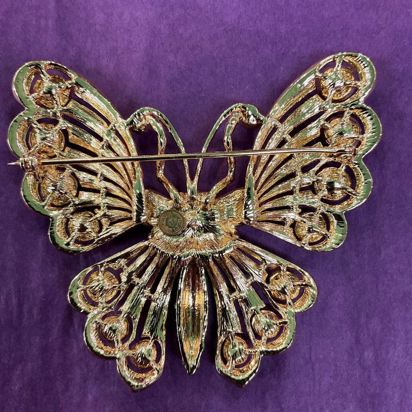 Vintage Butler and Wilson Large Crystal Butterfly Brooch, Gold Tone with Pink and Green Borealus Crystals , Signed in Original Box