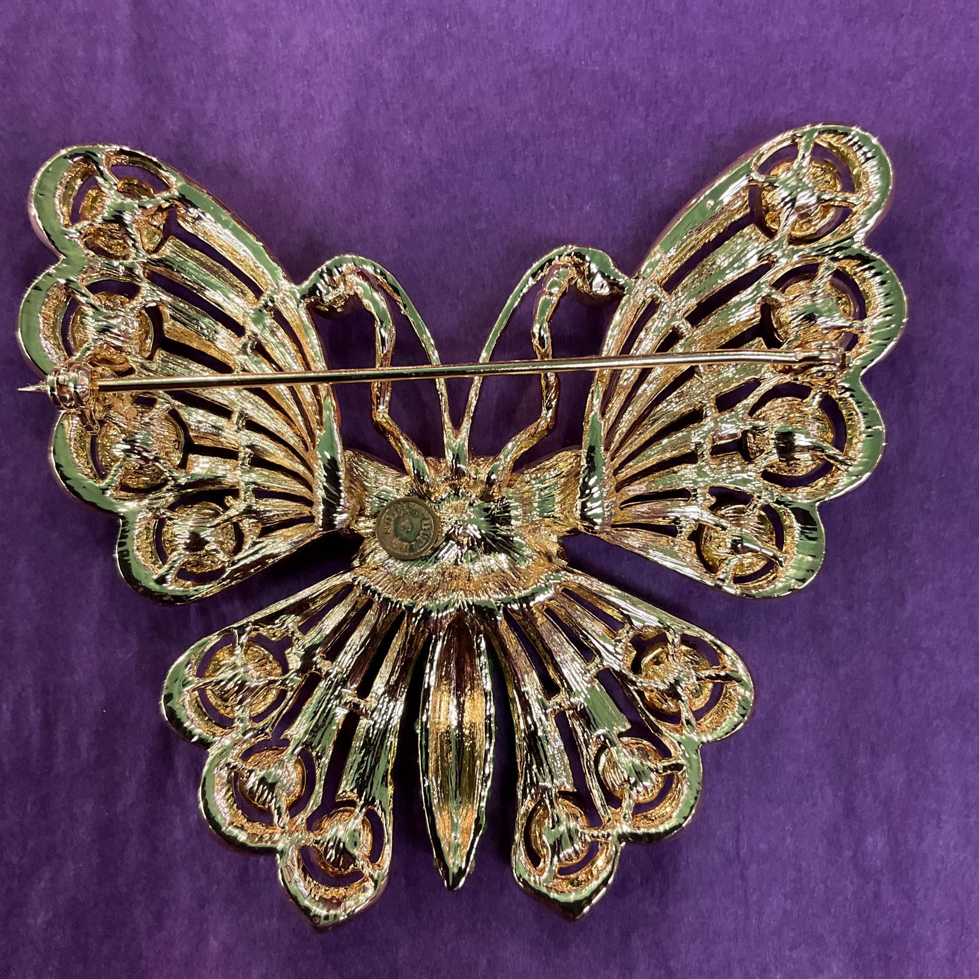 Vintage Butler and Wilson Large Crystal Butterfly Brooch, Gold Tone with Pink and Green Borealus Crystals , Signed in Original Box