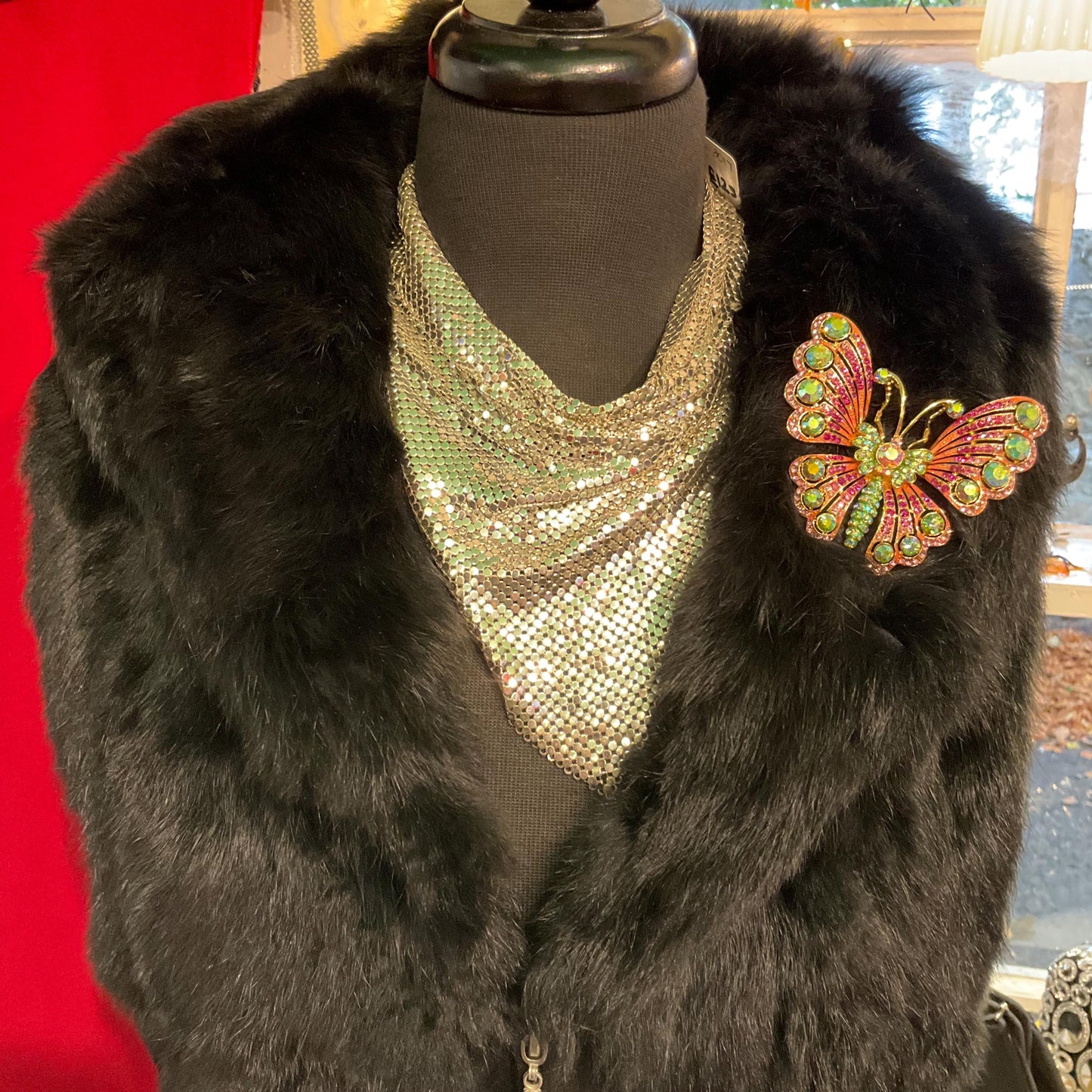 Vintage Butler and Wilson Large Crystal Butterfly Brooch, Gold Tone with Pink and Green Borealus Crystals , Signed in Original Box