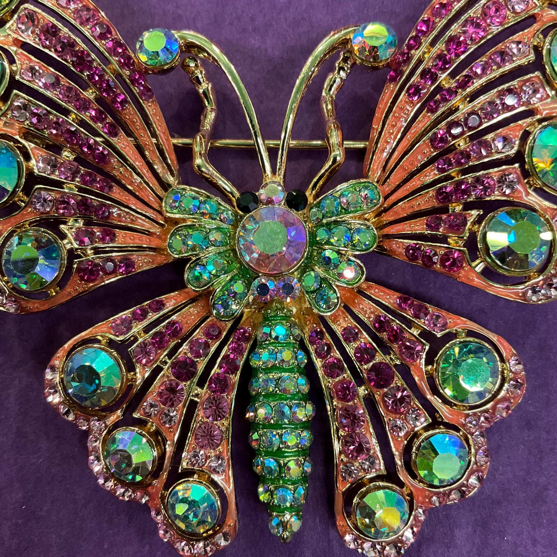 Vintage Butler and Wilson Large Crystal Butterfly Brooch, Gold Tone with Pink and Green Borealus Crystals , Signed in Original Box