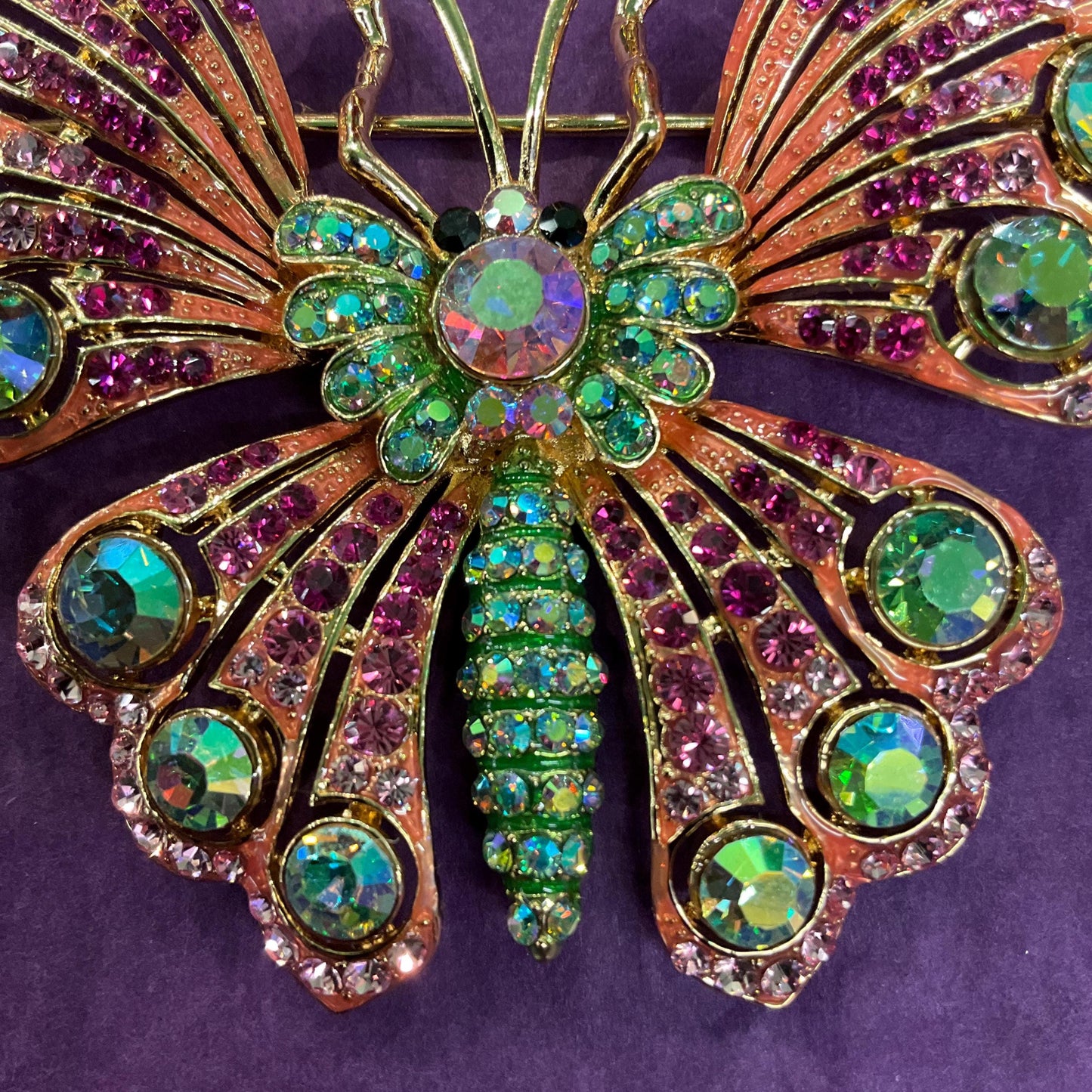 Vintage Butler and Wilson Large Crystal Butterfly Brooch, Gold Tone with Pink and Green Borealus Crystals , Signed in Original Box