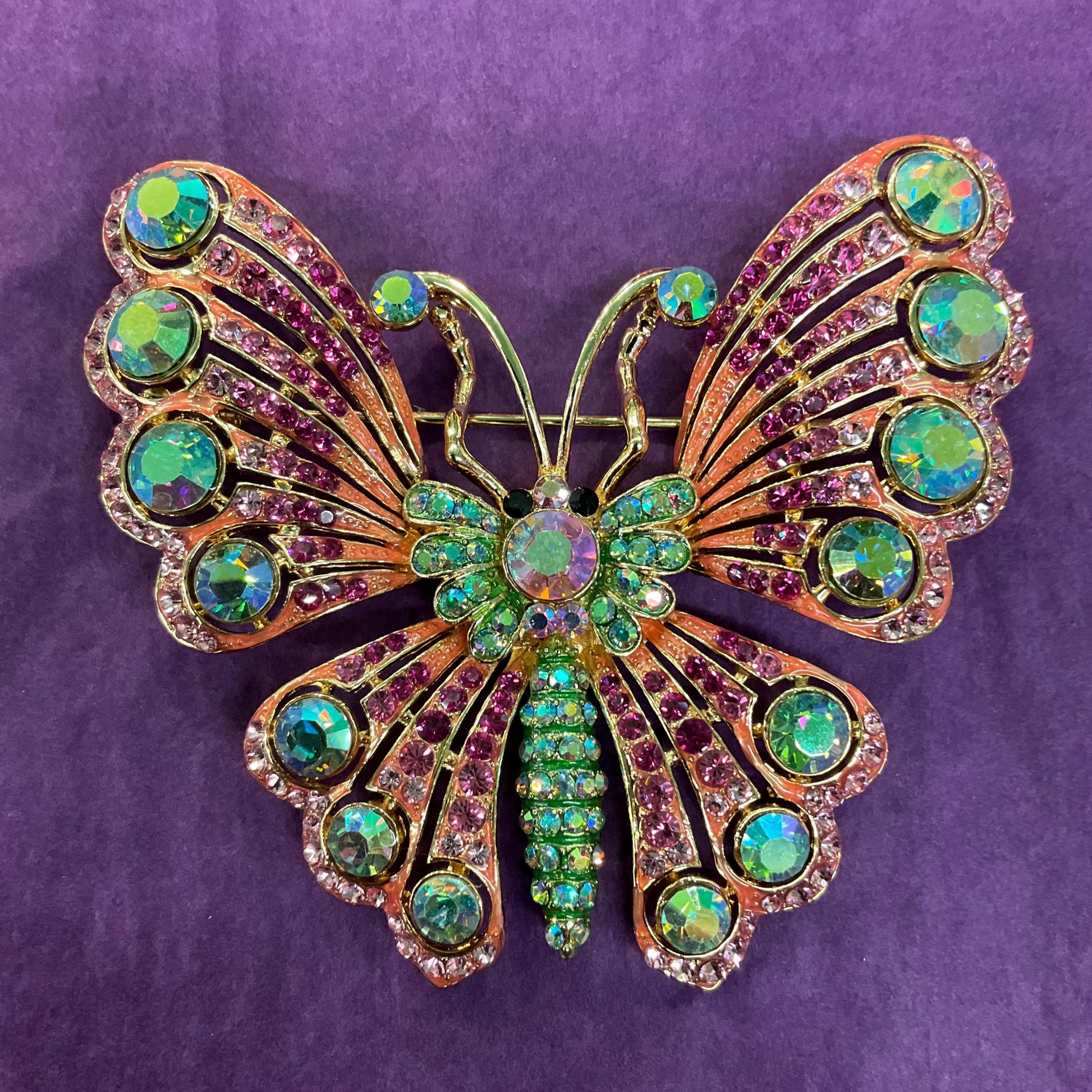 Vintage Butler and Wilson Large Crystal Butterfly Brooch, Gold Tone with Pink and Green Borealus Crystals , Signed in Original Box