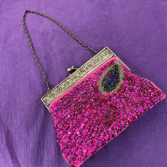 Vintage Pink Peacock Feather Beaded and Sequinned Evening Bag, Clutch or Handbag