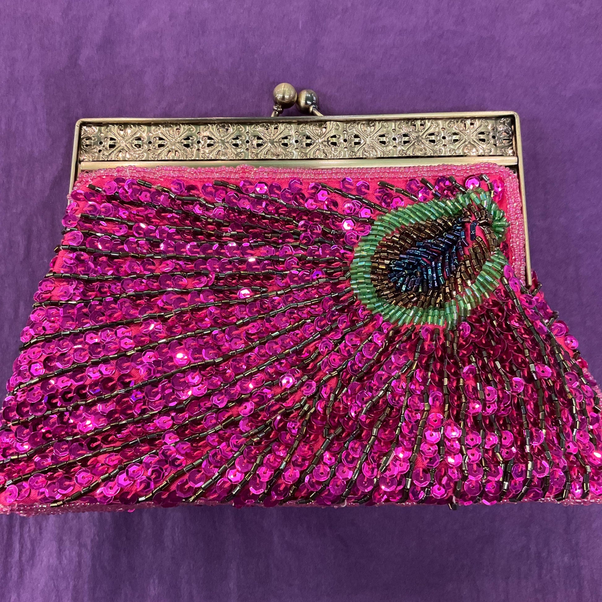 Vintage Pink Peacock Feather Beaded and Sequinned Evening Bag, Clutch or Handbag