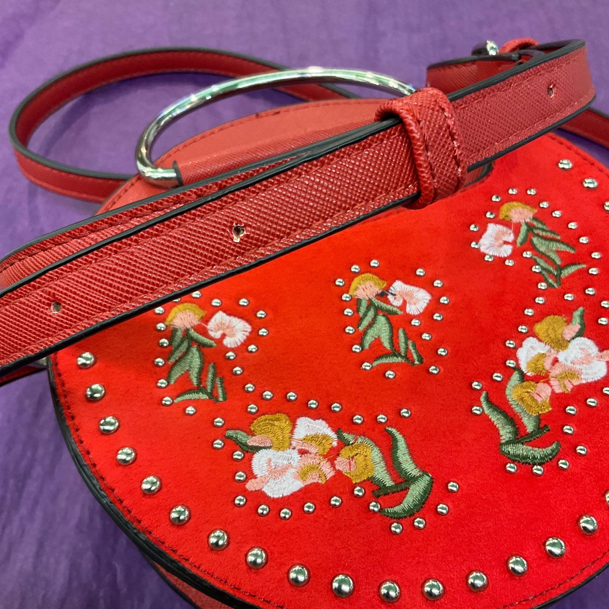 Vintage Bessie (London) Circular Red Faux Suede Embroidered Handbag, Floral Embroidery and optional Shoulder Strap