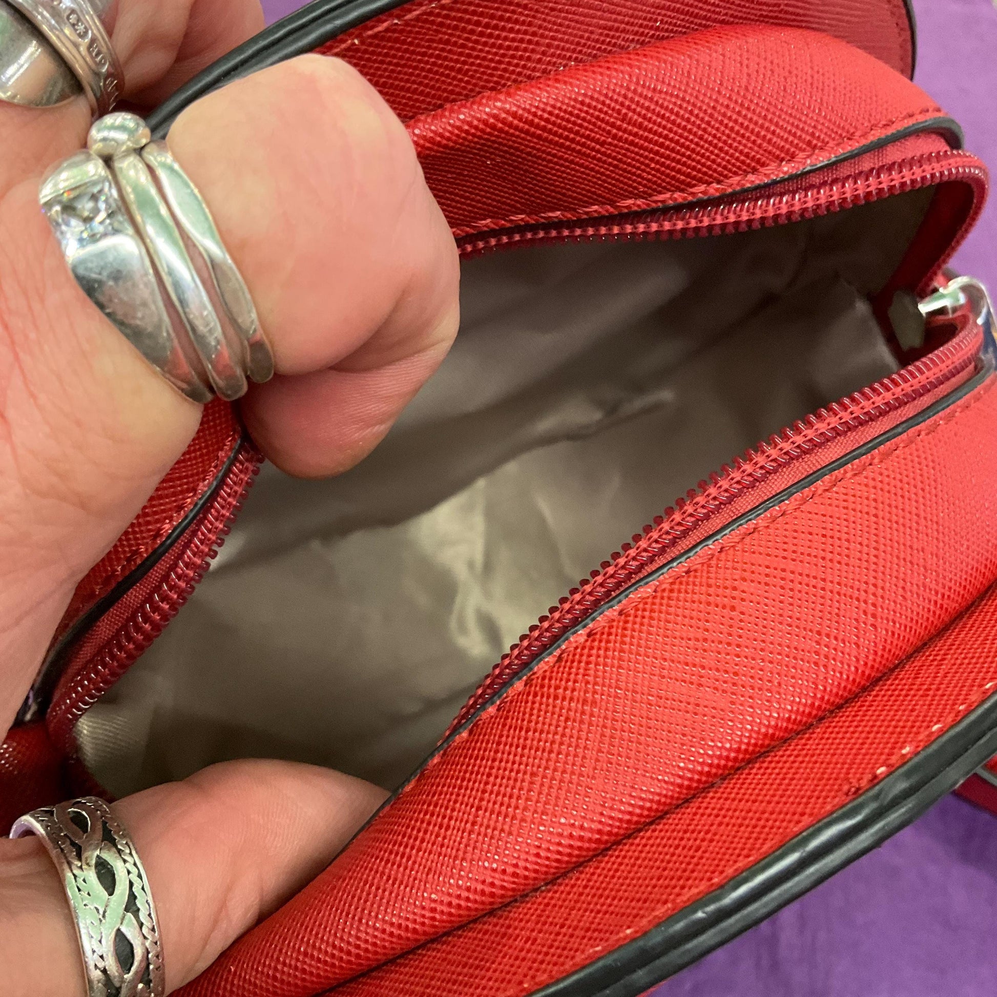 Vintage Bessie (London) Circular Red Faux Suede Embroidered Handbag, Floral Embroidery and optional Shoulder Strap