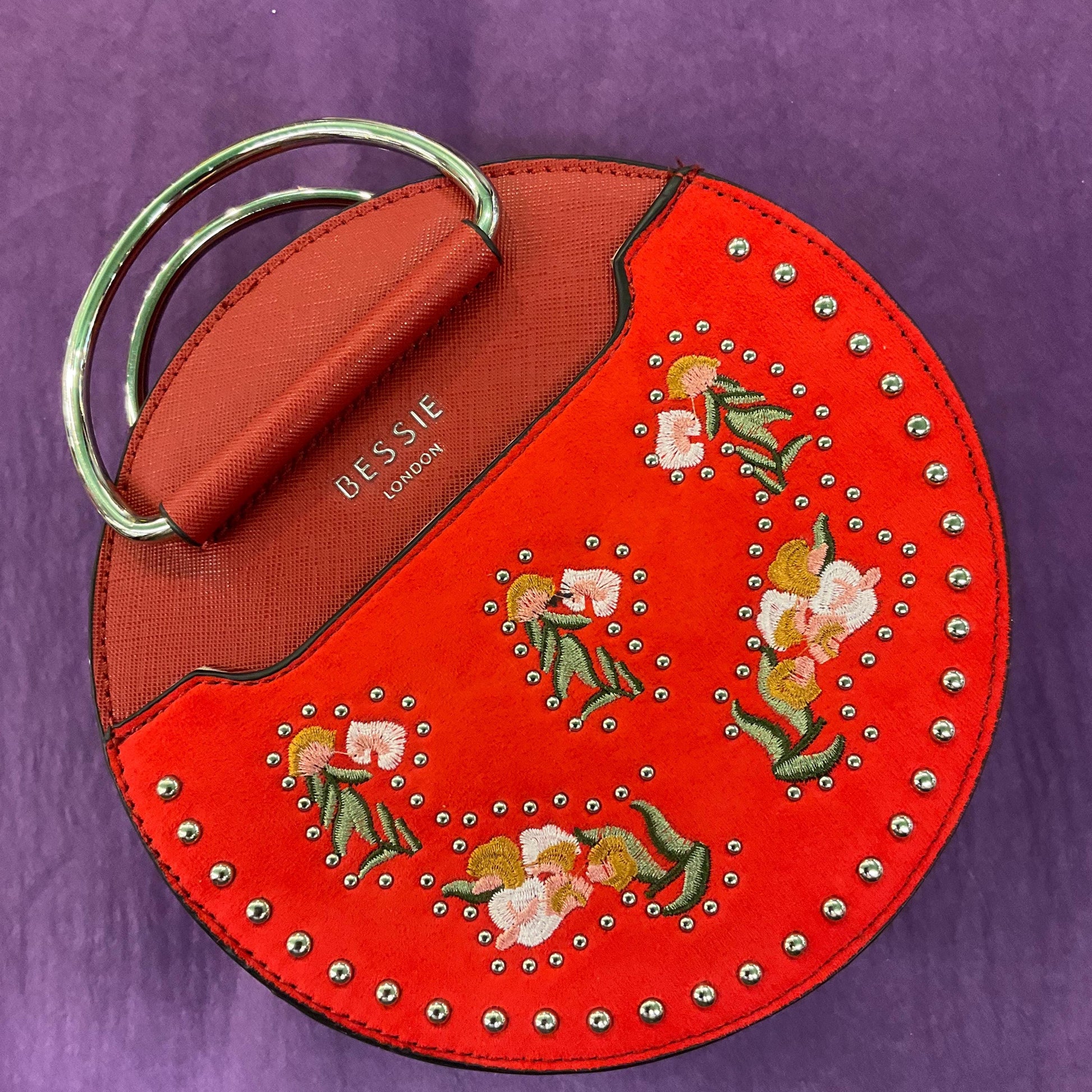 Vintage Bessie (London) Circular Red Faux Suede Embroidered Handbag, Floral Embroidery and optional Shoulder Strap