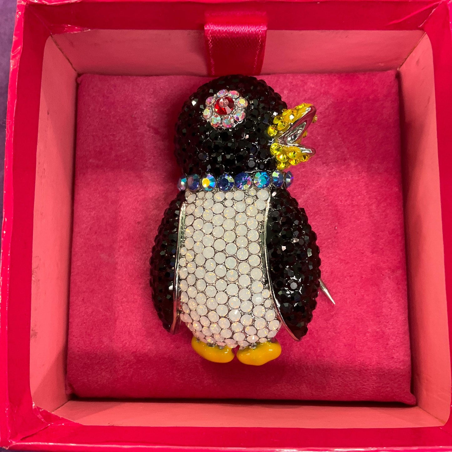 Vintage Butler and Wilson Crystal Penguin Statement Brooch, enamel and Borealis Rhinestones, original box