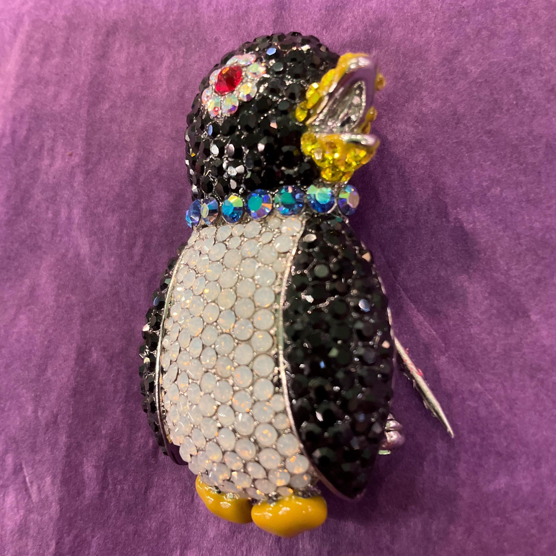 Vintage Butler and Wilson Crystal Penguin Statement Brooch, enamel and Borealis Rhinestones, original box
