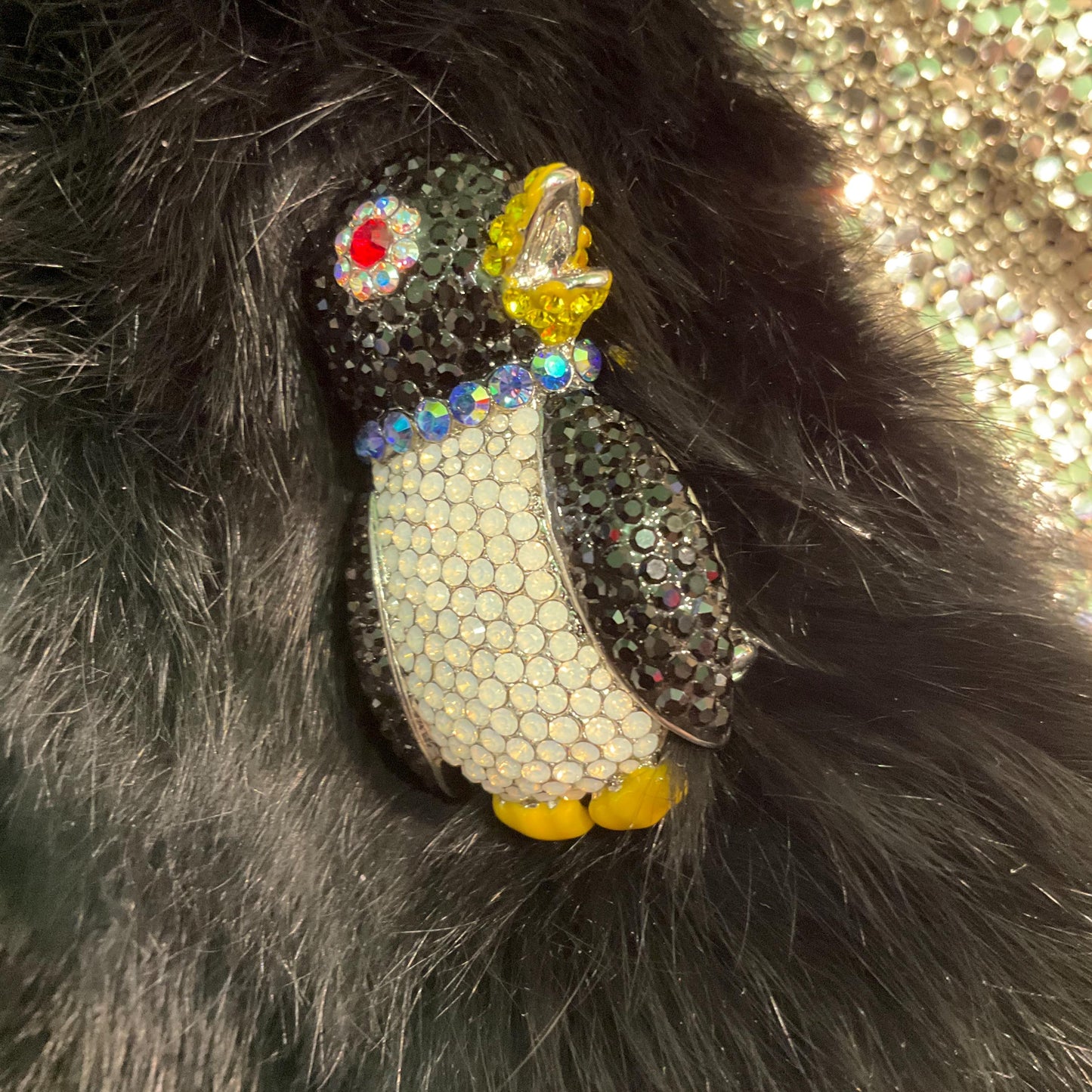 Vintage Butler and Wilson Crystal Penguin Statement Brooch, enamel and Borealis Rhinestones, original box