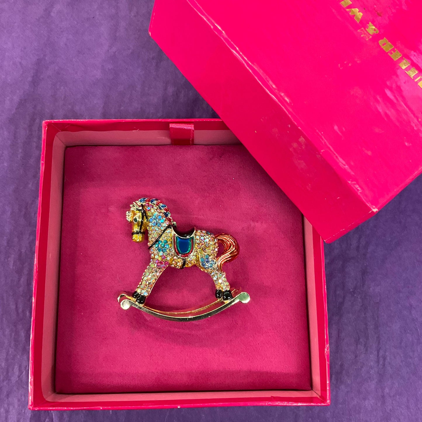 Vintage Butler and Wilson Large Crystal Rocking Horse Brooch, Gold Tone with Enamel and Rainbow Rhinestones, Original Box