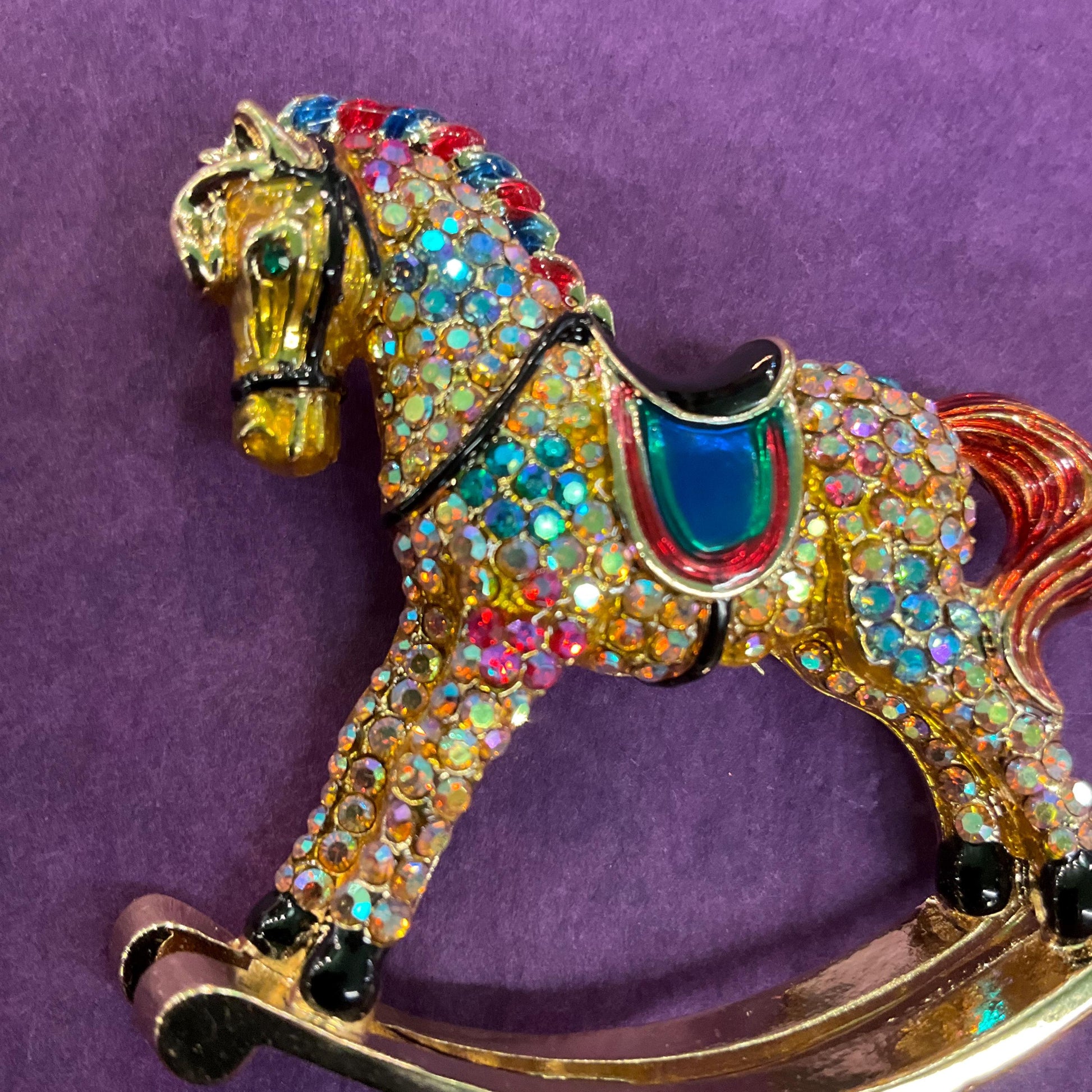Vintage Butler and Wilson Large Crystal Rocking Horse Brooch, Gold Tone with Enamel and Rainbow Rhinestones, Original Box