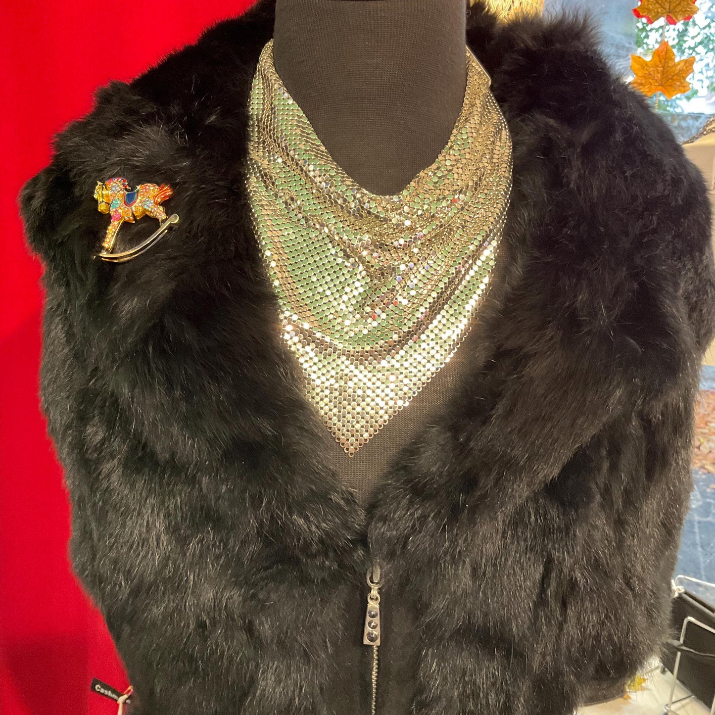 Vintage Butler and Wilson Large Crystal Rocking Horse Brooch, Gold Tone with Enamel and Rainbow Rhinestones, Original Box