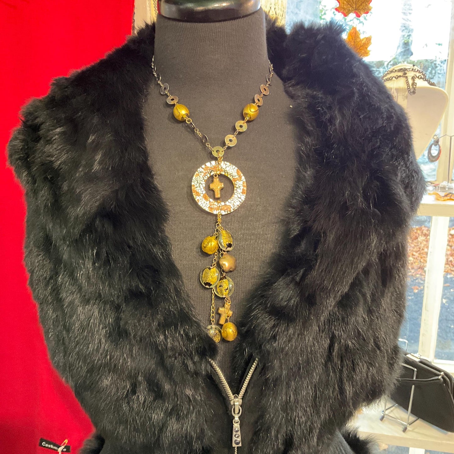 Vintage Butler and Wilson Gold Foiled Glass Tassled Statement Pendant, Gold and Silver tone
